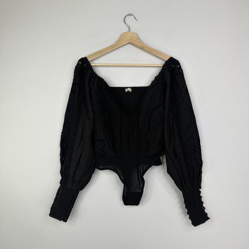 Free People Intimately Regina Eyelet Bodysuit Black XS Broderie Floral - Picture 2 of 11